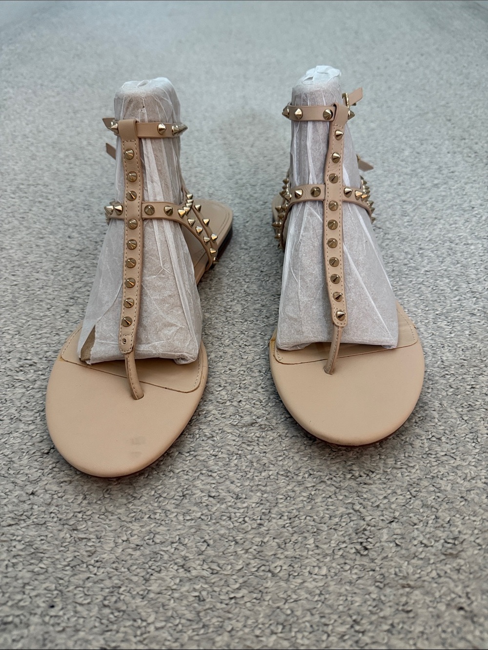 Zara Beige T-Strap Sandals with Gold Studs